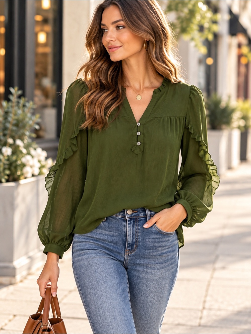 LOFT Olive Green Ruffle Henley Peasant Blouse Size Small